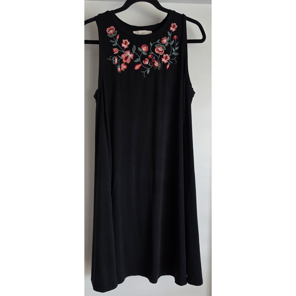 LOFT Floral Mini Dress Women M Black Sleeveless Round Neck Sundress Embroidery